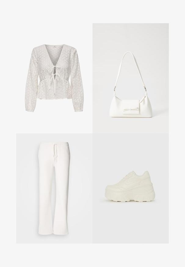 Bijela peplum bluzica s dugim rukavima, koja ima V-izrez, vezanje sprijeda te tkaninu s izrezbarenom očicom. Tekstura laganog materijala.; Bijele, opuštene hlače od flisa izrađene od mekog materijala, s elastičnim pojasom i vezicom te ravnim nogavicama.; Bijele platformske tenisice s glatkim gornjim dijelom koji nalikuje koži, zaobljenim oblikom, podstavljenim okvirom i teksturiranim gumeni potplat s definiranom profilacijom.; Bijela sintetička torbica s trokutastim oblikom, ravnim prednjim poklopcem i detaljem u obliku mašne, podesivom remenom, glatkom teksturom i minimalističkim dizajnom.