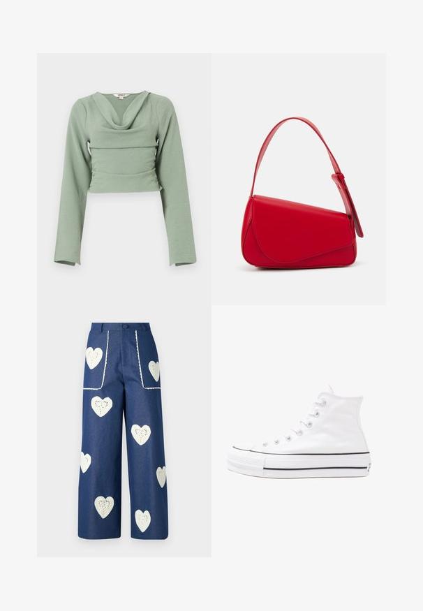 Cropped long-sleeve top in soft, textured mint green fabric. Features a draped cowl neckline and fitted design, with a horizontal seam detail.; Sister Jane HEART TO HEART - Straight leg jeans - blue denim; White high-top canvas sneaker with black rubber sole, front rubber toe cap, and six eyelets for laces, featuring a clean, minimalist design.; Red leather handbag with an angular, geometric design. Features a single adjustable strap and a flap closure with stitched detailing.