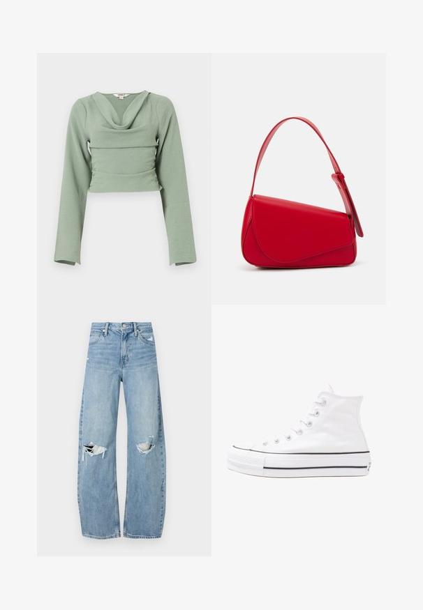 Cropped long-sleeve top in soft, textured mint green fabric. Features a draped cowl neckline and fitted design, with a horizontal seam detail.; Light blue, high-waisted jeans made of denim. Feature wide legs, two torn knee areas, and classic five-pocket styling.; White high-top canvas sneaker with black rubber sole, front rubber toe cap, and six eyelets for laces, featuring a clean, minimalist design.; Red leather handbag with an angular, geometric design. Features a single adjustable strap and a flap closure with stitched detailing.