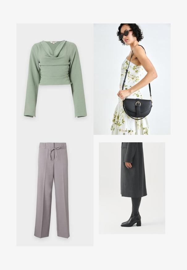 Top a maniche lunghe cropped in morbido e testurizzato tessuto verde menta. Presenta un collo drappeggiato e un design aderente, con un dettaglio di cucitura orizzontale.; Pantaloni grigi chiari a gamba larga con una trama morbida, dotati di una vita con cordoncino e pieghe stirate per una vestibilità strutturata.; Cappotto grigio su misura con taglio dritto; abbinato a stivali in pelle nera al ginocchio con punta quadrata e tacco grosso.; Borsa a tracolla nera in pelle con una forma curva, manico rimovibile e accessori dorati. La borsa presenta una patta con un dettaglio a fibbia.