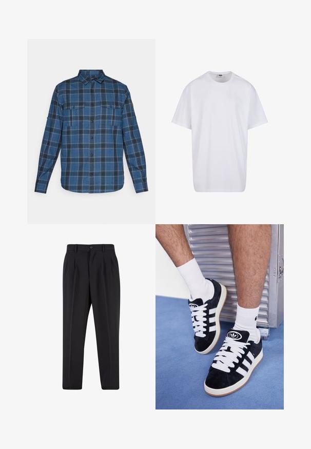 Sininen ruudullinen paita pitkillä hihoilla, napitettavalla edellä, kahdella rintataskulla ja pehmeällä pinnalla. Sisältää valkoisia ja harmaita ruutukuvioita.; Valkoinen puuvillainen t-paita, jossa on lyhyet hihat, pyöreä kaula-aukko, rento istuvuus ja ei näkyviä logoja tai kuvioita. Sileä pinta ja minimaalinen muotoilu.; Mustat housut, joissa on laskostettu etuosa, valmistettu sileästä kankaasta. Varustettu nappikiinnityksellä ja vyölenkeillä; suora lahje.; Mustat mokkasneakersit, joissa on valkoiset nauhat ja kolme valkoista raitaa. Kengissä on ympyrän muotoinen musta logo kielen päällä ja kuminen pohja.