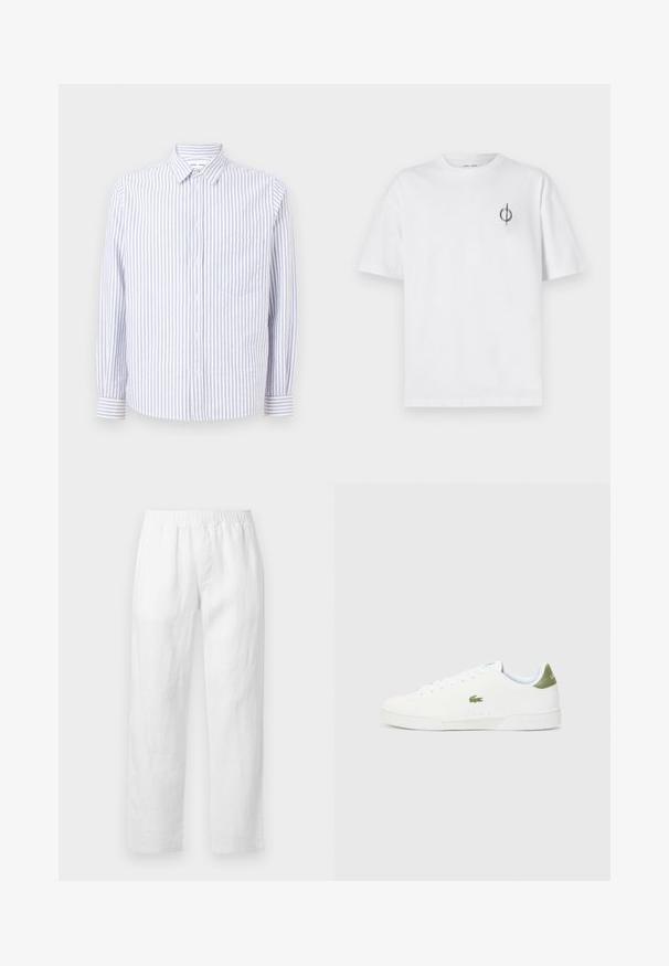 Striped button-up shirt in light blue and white. Features a pointed collar, long sleeves, and a single chest pocket. Cotton fabric.; White cotton t-shirt with a relaxed fit, featuring a small black graphic logo on the left chest area. Short sleeves, crew neck style.; White linen pants featuring an elastic waistband, straight-leg fit, and soft texture with no visible patterns or hardware details.; White sneakers with a smooth texture, featuring a green accent at the heel and a small embroidered crocodile logo on the side.