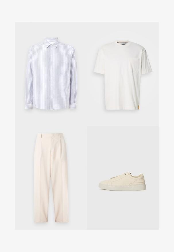 Svītraina kreklu ar pogām gaisā zilos un baltos toņos. Ievērojams ar norādītu apkakli, garām piedurknēm un vienu krūšu kabatu. Kokvilnas audums.; Balts kokvilnas T-krekls ar apaļu kakla izgriezumu, īsām piedurknēm un kreisajā krūtī esošu kabatiņu. Tam ir neliels logo uz etiķetes sānu šuvē.; Beige pielāgotas bikses ar augsto vidukli, krokām un taisnu kāju dizainu. Izgatavotas no gludas auduma, ar sānu kabatām un tīru apdari.; Bežīga ādas kedas ar noapaļotu purngalu, minimālistisku dizainu, smalkiem stīgām un teksturētu virsmu uz gaišas zoles.