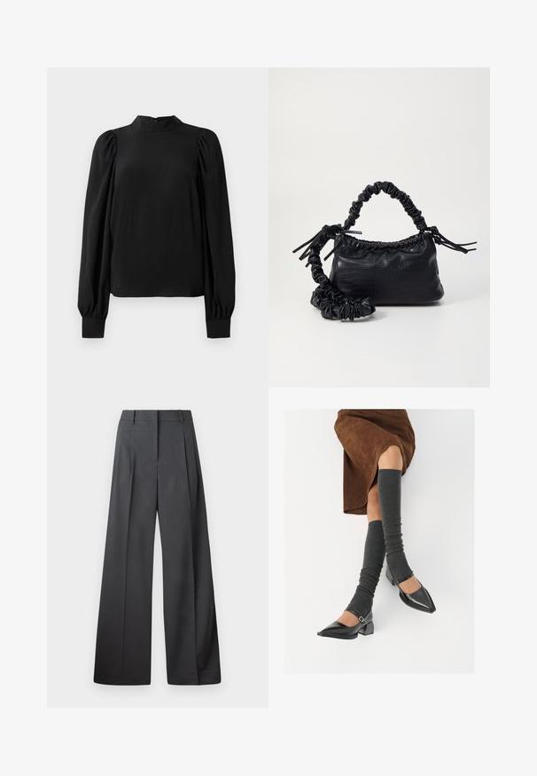 Blusa preta de manga longa com gola alta, ombros volumosos e punhos ajustados, apresentada sobre um fundo branco.; Calças de perna larga em tecido cinza escuro, apresentando uma cintura alta, pregas simples e uma textura suave com um acabamento limpo nas bainhas.; Sapatos pretos de pele lacada com biqueira pontuda, salto bloco e tiras no tornozelo, combinados com caneleiras cinzas em malha e uma saia de camurça castanha.; Bolsa de mão em couro sintético preto com textura de crocodilo, topo franzido e alça enrugada. Apresenta um design suave e compacto.