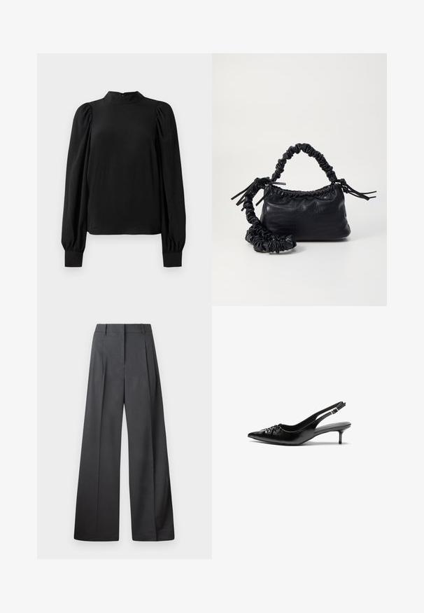 Svart långärmad blus med hög hals, puffärmar och åtsittande ärmslut, uppvisad mot en vit bakgrund.; Vida byxor i mörkgrått tyg, med hög midja, enkla veck och en mjuk yta med en ren finish vid fållen.; Svarta läder slingback klackar med spetsig tå, liten kittenklack och en dekorativ knutdetalj på framsidan. Slät textur hela vägen.; Svart faux läderhandväska med krokodiltextur, snodd topp och en skrämd rem. Ser mjuk och kompakt ut i designen.
