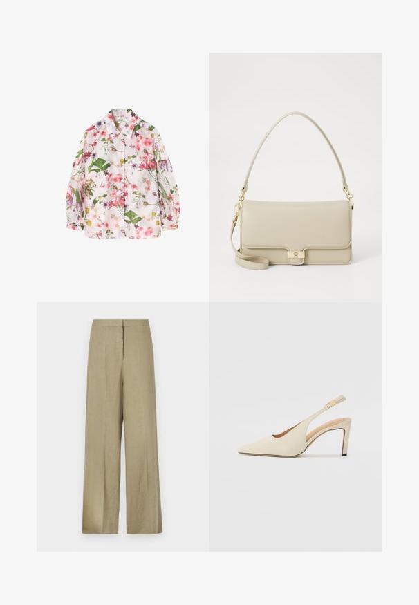 Gėlių rašto marškiniai su šviesiai rožiniu fono, puošti žaliomis lapų ir įvairių spalvų gėlėmis. Su užsegimu, ilgomis rankovėmis.; Šviesiai žali, plačios kojų kelnės, pagamintos iš lininio audinio. Turi aukštą liemenį ir švarią priekį su vienu rauku.; Bežinės odinės slingback kulniukai su smailiu pirštu, atvira šonų konstrukcija ir plonu aukštu kulnu. Juos papuošia auksinė detalė ant dirželio.; Bežinė odinė rankinė, turinti struktūrizuotą formą, auksinį įsegimą ir nuimamą peties diržą. Lygi tekstūra ir minimalistinis dizainas.