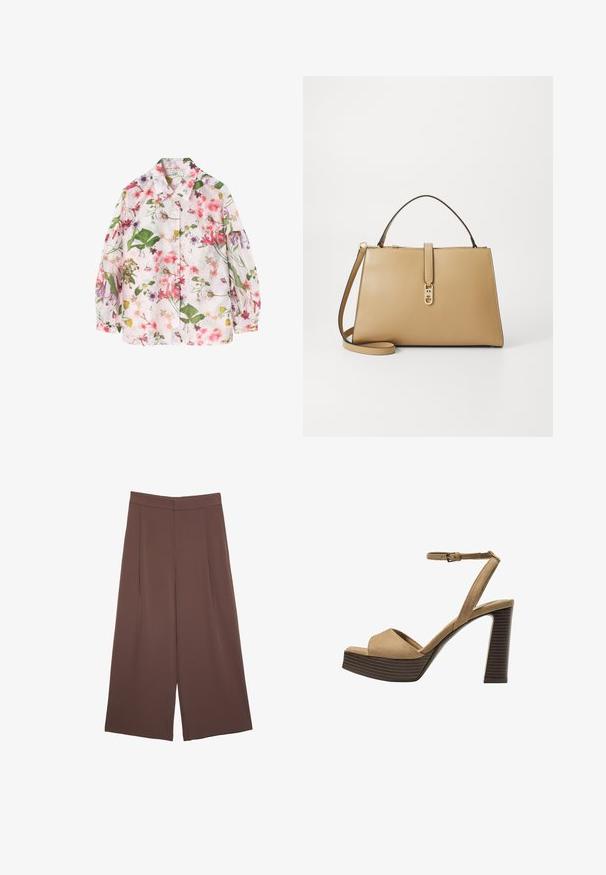 Camicia con motivo floreale su sfondo rosa chiaro, con foglie verdi e vari fiori colorati. Design a bottoni, maniche lunghe.; Pantaloni ampi marroni con una texture liscia, caratterizzati da una vita alta e pieghe frontali. Il tessuto è leggero e scorre liberamente.; Sandali con tacco alto in suede beige, con una larga fascetta anteriore e una fascetta alla caviglia, dotati di un tacco blocco in legno spesso con una finitura testurizzata.; Tommy Hilfiger LIBRE SATCHEL - Borsa a mano - safari