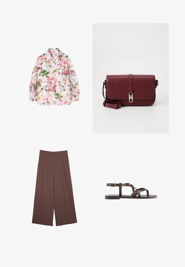 Srajca s cvetličnim vzorcem na svetlo rožnati podlagi, ki vključuje zelene liste in različne pisane cvetove. Zapenjanje na gumb, dolgi rokavi.; Rjave široke hlače z gladko teksturo, ki imajo visok pas in sprednje naborke. Tkanina je lahka in prosto pada.; Rjav usnjen sandal z načinom prečnega črta, zaklepom okoli gležnja in ravnim podplatom z minimalnimi šivi.; Tommy Hilfiger LIBRE FLAP CROSSOVER - Torba čez telo - deep rouge
