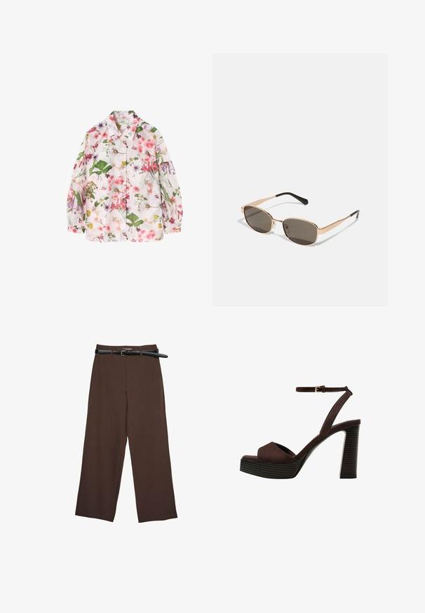 Košulja s cvjetnim uzorkom na svijetlo ružičastoj pozadini, s zelenim lišćem i raznim šarenim cvjetovima. Dizajn s gumbićima, duge rukave.; Smeđe hlače širokih nogavica glatke teksture, s crnim remenom i krojenim pojasom, koje pružaju strukturirani kroj.; Smeđe zamšaste sandale s visokim potpeticama, otvorenim prstima, podesivom trakicom oko gležnja i prugastom platformom.; Pravougaone sunčane naočale sa zlatnim metalnim okvirom i tamnim staklima. Imaju tanke crne ručke, ističući minimalistički dizajn.; Smeđa kožna torba s naboranim vrhom i lančićem za nošenje. Glatka tekstura s sjajnim završetkom i suptilnim šavnim detaljima sa strane.