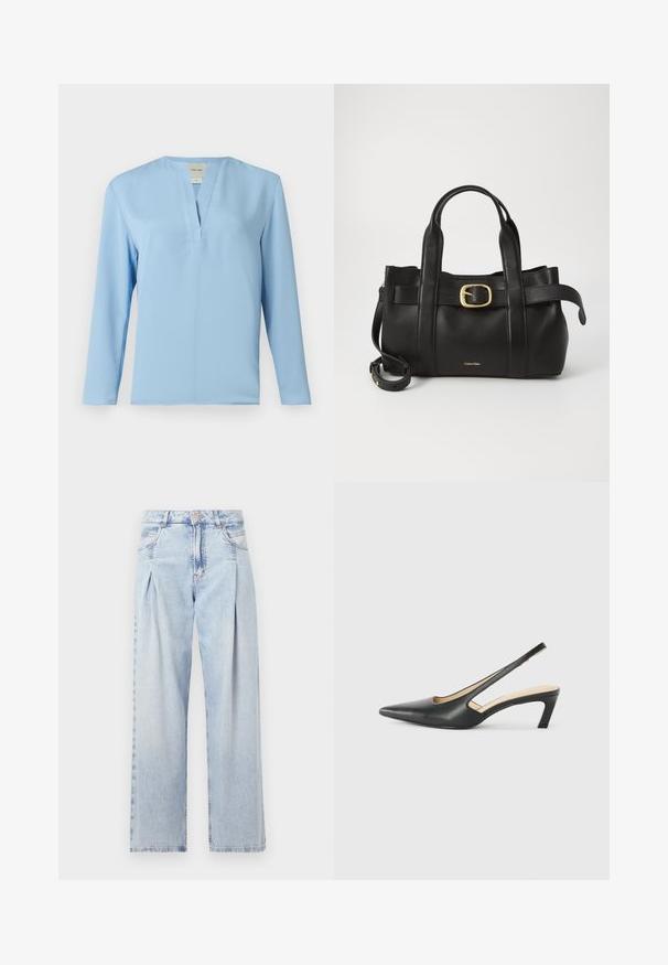 Top azzurro chiaro a maniche lunghe con scollo a V, texture liscia e linee pulite. Presenta dettagli di cucitura minimi sul davanti.; Jeans in denim azzurro chiaro con vita alta, taglio a gamba larga, due tasche laterali e design plissettato. Texture morbida con una finitura sbiadita.; Scarpa slingback nera con punta affilata e tacco basso, realizzata in pelle liscia e con un design a taglio laterale per favorire la traspirabilità.; Borsa a mano in pelle nera con un design strutturato, doppie maniglie superiori, accentuazione in metallo dorato e logo del marchio in rilievo sul davanti.