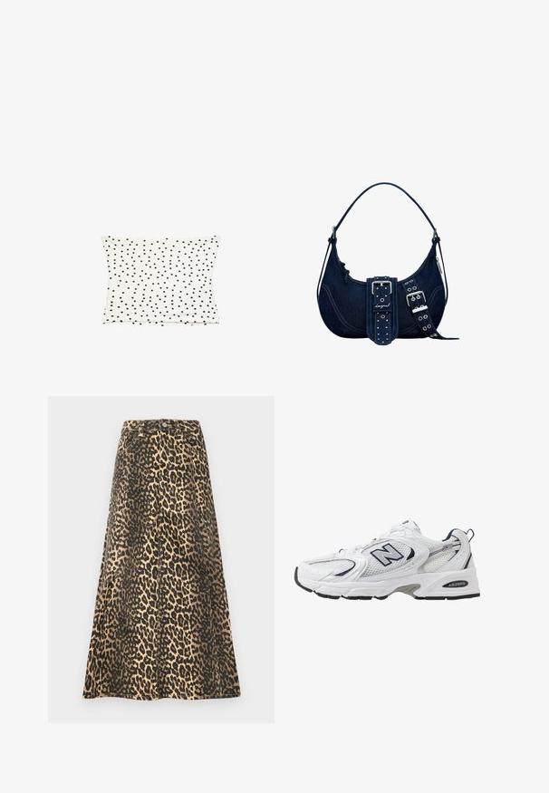 Weißer Baumwollkissenbezug mit einem verstreuten schwarzen Punktmuster, glatter Textur und rechteckiger Form.; Leopardmuster-Midirock in Beige und Schwarz, aus einem robusten Stoff gefertigt. Mit einer taillierten Taille mit Knöpfen und einer ausgestellten Silhouette.; Weißer Sportschuh mit Mesh-Obermaterial, navyblauen Akzenten und gepolsterter Sohle. Verfügt über das "N"-Logo, Schnürsenkel und eine strukturierte Detailverarbeitung an der Seite.; Dunkelblaues Denim-Schultertasche mit geschwungenem Oberteil, silbernem Metallzubehör, markantem Schnallendetail und mit Nieten versehenen Trägerakzenten. Sichtbares, mit Reißverschluss versehenes Fach.