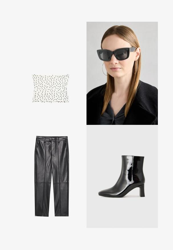Weißer Baumwollkissenbezug mit einem verstreuten schwarzen Punktmuster, glatter Textur und rechteckiger Form.; Schwarze Lederhosen mit glatter Textur, gerader Passform, zwei Fronttaschen und sichtbaren Nahtdetails.; Schwarzer Lackleder-Stiefelette mit spitzer Zehe und einem mittelhohen Blockabsatz. Glatte Textur und minimalistisches Design.; Schwarze Katzenaugen-Sonnenbrille mit dunklen Gläsern, dicken Rahmen und subtilen Akzenten. Getragen mit einem schwarzen Mantel und einem grauen Oberteil, dazu lange, glatte Haare.