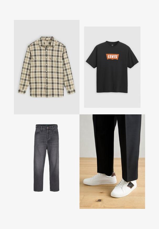 Ilgas rankovės švarkelis su raštu, pagamintas iš smėlio, juodos ir rudos spalvos audinio, su mygtukų uždarymu, dviem krūtinės kišenėmis ir klasikinio tipo apykakle.; Juodas medvilninis marškinėlis, turintis didelį oranžinį Levi's logotipą priekyje, trumpomis rankovėmis ir apvaliu kaklu.; Tamsiai pilki džinsai su tiesia kelnėmis, aukštu liemeniu, penkių kišenių dizainu ir šiek tiek išblukimu. Metalinė sagčių ir užtrauktuko uždarymo sistema.; Balti sportbačiai su glotnia danga, puošti rudais odiniais akcentais ir juodais detalėmis, derinami su juodais pritaikytais kelnėmis. Medinių grindų fonas.