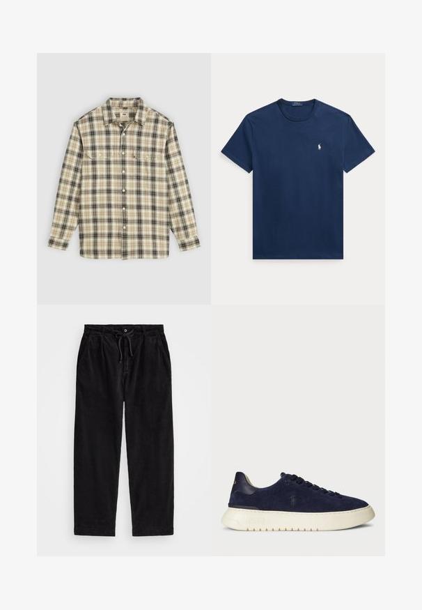 Ilgas rankovės švarkelis su raštu, pagamintas iš smėlio, juodos ir rudos spalvos audinio, su mygtukų uždarymu, dviem krūtinės kišenėmis ir klasikinio tipo apykakle.; Tamsiai mėlynas medvilninis marškinėlis su apvalia iškirpte ir trumpomis rankovėmis. Mažas baltas „Polo“ logotipas kairėje krūtinės pusėje. Klasikinio kirpimo ir lygaus paviršiaus.; Juodo kanapinio audinio kelnių modelis, turintis laisvą siluetą, su elastingu juosmeniu ir raiščiu, bei šoninėmis kišenėmis. Audinys turi išilginę tekstūrą.; Tamsiai mėlyni jovimo odos žemi sportbačiai su tekstūruotu paviršiumi, guma padais ir tonuotais raišteliais, su mažu logotipu šone ir ant kulno.