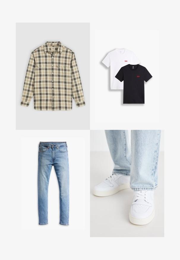 Pitkähihainen ruudullinen paita, jossa on beige, musta ja ruskea kangas. Paidassa on napitus, kaksi rintataskua ja klassinen kaulussuunnittelu.; Kaksi lyhythihaista t-paitaa: yksi valkoinen ja yksi musta. Molemmat puuvillaa, punaisella Levi's-logolla rinnassa. Yksinkertainen pyöreä pääntie.; Vaaleansiniset farkut, joissa on suora leikkaus, viisi taskua, napitus ja hienovaraista haalistumista kankaassa.; Valkoiset nahkakengät matalalla varrella, joissa on reikäkärkinen muotoilu, litteät nauhat ja minimalistinen design. Yhdistetty vaaleansinisiin farkkuihin.