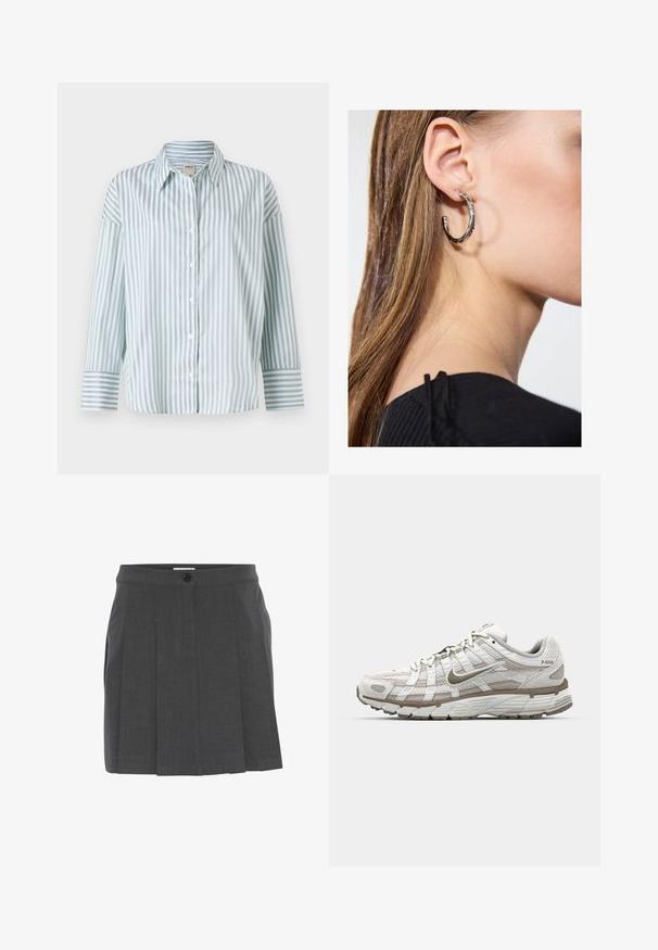 Camicia a maniche lunghe a righe blu chiaro e bianche, con colletto classico e polsini a righe in contrasto. Tessuto dalla superficie liscia.; Gonna grigia a pieghe con cintura, dotata di chiusura frontale a bottoni. Realizzata in tessuto texture, progettata per una vestibilità su misura.; Scarpa da ginnastica bianca con parte superiore in rete, dettagli in marrone chiaro e suola ammortizzata. Presenta un sistema di chiusura con lacci e testo sul lato.; Orecchino a cerchio in argento con finitura lucida, caratterizzato da piccoli dettagli in oro e una forma tondeggiante, indossato sul lobo.
