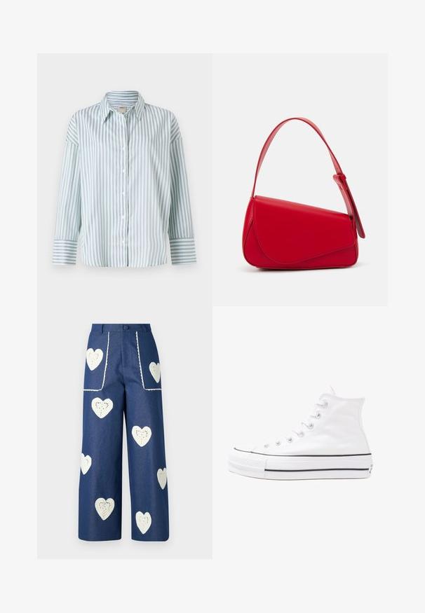 Camicia a maniche lunghe a righe blu chiaro e bianche, con colletto classico e polsini a righe in contrasto. Tessuto dalla superficie liscia.; Sister Jane HEART TO HEART - Jeans a sigaretta - blue denim; Sneaker alta in tela bianca con suola in gomma nera, punta in gomma frontale e sei asole per i lacci, caratterizzata da un design pulito e minimalista.; Borsa a tracolla in pelle rossa con un design angolare e geometrico. Presenta una singola tracolla regolabile e una chiusura a patta con dettagli cuciti.