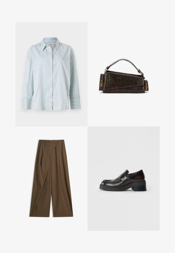 Svetlomodrá a biela pruhovaná košeľa na gombíky s dlhými rukávmi, s klasickým golierom a kontrastnými pruhovanými manžetami. Hladká textúra látky.; Hnedé široké nohavice s tenkými bielymi prúžkami, vysoký pás, predné zapínanie na gombík a preklápanie na prednej strane.; Hnedé kožené mokasíny s masívnym čiernym opätkom, s prešívaným dizajnom a pásikom cez hornú časť pre zvýraznenie detailu.; Hnedá kožená kabelka s geometrickým dizajnom, s hornou rúčkou a zlatými zipsovými detailami. Logo je vyrazené na strane.; Zlatý Fossil hodinky s textúrovaným krémovo-bielym ciferníkom, tenkými hodinovými značkami a korunkou. Obsahuje zaoblený púzdro s ryhovaným rámčekom.