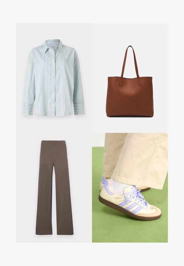 Lyseblå og hvit stripet skjorte med lange ermer, med klassisk krage og kontraststripete mansjetter. Glatt stofftekstur.; Ribbede bukser med vide ben i en mørk brun farge, med elastisk midjebånd og et mykt, teksturert stoff.; Kremfargede og lavendelfargede joggesko med tre striper og en teksturert brun såle, med lisser og en polstret hæl. Mykt stofføvre.; Brun lær tote veske med en jevn tekstur, åpen toppdesign og to skulderstropper. Har minimal søm og ingen synlige spiker.