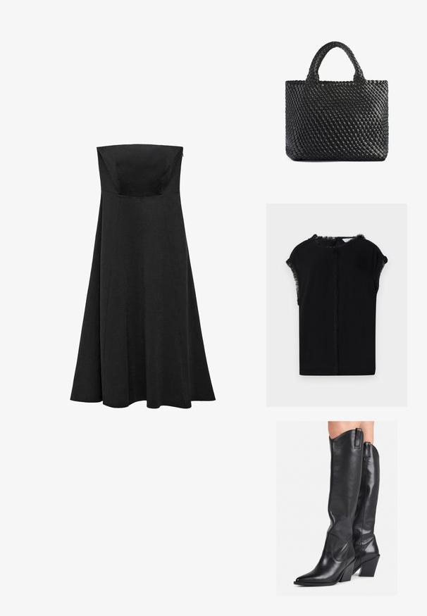 Crni top s glatkom, mekom teksturom i resicama duž rukava i izreza. Jednostavan, opušteni kroj.; Crna haljina bez naramenica s prilagođenim korzetom i raširenom, dugom suknjom. Napravljena od glatkog materijala bez vidljivih uzoraka ili naglasaka.; Crne kožne čizme do koljena s ispicanim vrhom, zakrivljenim okvirom i debelim potplatom. Imaju glatku teksturu i trake za povlačenje na vrhu.; Crna torba od tkanine s dva držača, koja ima teksturiranu površinu i pravokutni oblik. Jednostavan, jedinstven dizajn bez vidljivih dijelova hardvera.