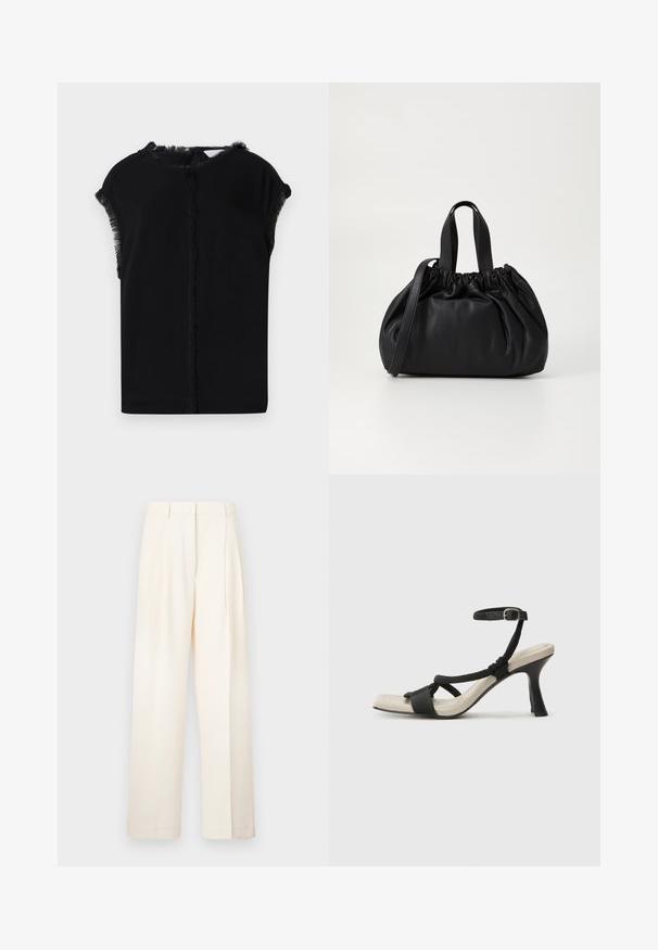 Sort top med en glat, blød tekstur og frynsedetaljer langs ærmerne og halsudskæringen. Enkel, afslappet silhuet.; Breddebenede bukser i creme, lavet af glat stof. Har en skræddersyet design med frontfolder og en lige pasform.; Sorte hælede sandal med flettet remdesign, firkantet tå og justerbar ankelrem. Lys beige fodseng med en blank sort hæl.; Sort læderhåndtaske med en samlet topdesign, der har to korte håndtag og en lang justerbar rem. Glat overflade, rund form.