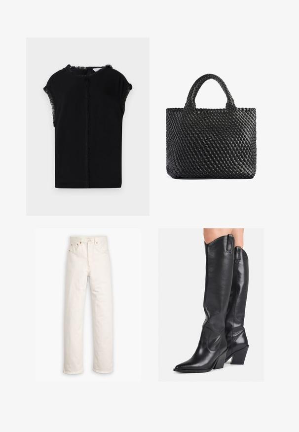 Top negru cu o textură netedă și moale, având detalii cu franjuri pe mâneci și decolteu. Siluetă simplă, relaxată.; Jeanși din denim alb cu un design cu picior drept, stil cu cinci buzunare și accente de metal cupru. Terminare brută la glezne.; Cizme negre din piele, până la genunchi, cu vârf ascuțit, ioni curbat și toc masiv. Au o textură netedă și bucle pentru a fi trase pe sus.; Geantă de umăr împletită neagră cu două mânere, având o suprafață texturată și o formă rectangulară. Design simplu și unic, fără hardware vizibil.