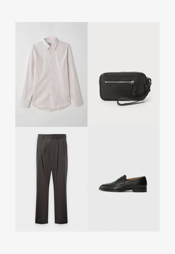 Camicia button-up a maniche lunghe di colore rosa chiaro con colletto a punta, righe verticali e orlo arrotondato. Presenta bottoni beige e una texture morbida.; Pantaloni grigi scuri realizzati in tessuto testurizzato, con fronte piatto, pince, gambe dritte e passanti per cintura. Nessuna ferramenta o motivo visibile.; Mocassino in pelle nera con punta arrotondata, dettagli cuciti sottili e tacco basso, caratterizzato da una texture liscia e un design minimalista.; Clutch nera in pelle con superficie testurizzata, tasca frontale con zip e tracolla rimovibile. Presenta una patch con logo sul davanti. Forma rettangolare.
