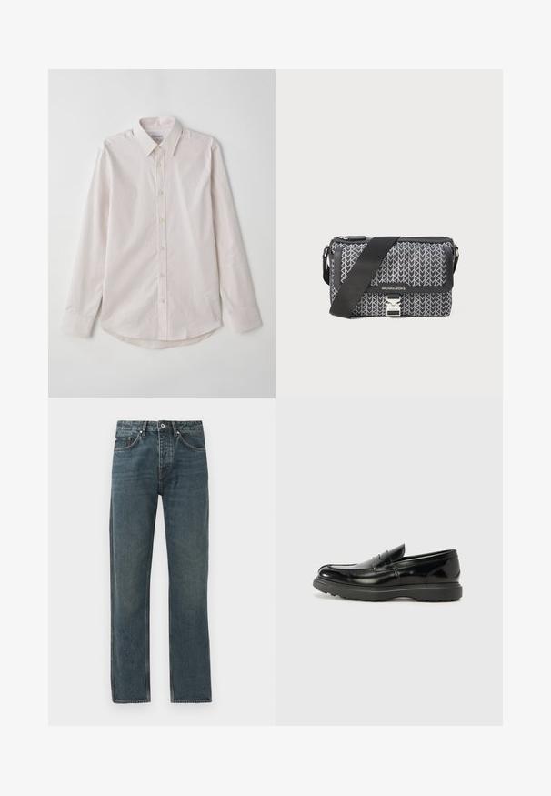 Svetloružová košeľa s dlhým rukávom a gombíkmi, s rozloženým golierom, vertikálnymi pruhmi a zaobleným lemom. Má béžové gombíky a hladkú textúru.; Tmavomodré denimové džínsy so rovnými nohavicami, s piatimi vreckami, zapínaním na gombík a kontrastným prešívaním.; Čierne kožené mokasíny s lesklým povrchom, okrúhlou špicou, subtilnými švami a hrubou gumovou podrážkou pre zvýšenú odolnosť.; Čierna a sivá crossbody taška s geometrickým vzorom, zipsom a akcentom v striebornom tóne. Obsahuje nastaviteľný popruh.