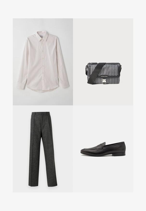 Világos rózsaszín, hosszú ujjú, gombos ing, elterjedt gallérral, függőleges csíkokkal és kerekített alsó résszel. Bézs gombokkal és sima textúrával rendelkezik.; Szürke, texturált anyagból készült, szabott nadrág, két elülső pliszével és egyenes lábbal. Nincsenek látható zsebek vagy díszítések.; Fekete bőr loaferek elegáns dizájnnal, kerek orral és alacsony, rétegelt sarokkal. Díszített varrással rendelkezik a felsőrészen.; Fekete és szürke mintázatú keresztbody táska, geometrikus designnal, cipzáros záródással és ezüstszínű fém kiegészítőkkel. Állítható pánt is tartozik hozzá.