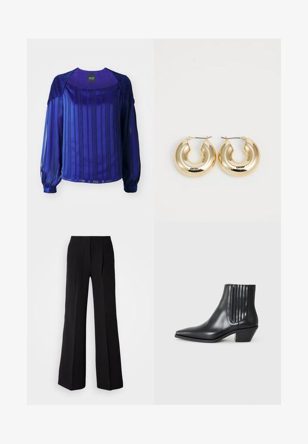 Purple blouse featuring long, sheer sleeves, vertical stripes, and textured shoulder accents. Smooth fabric with a slight sheen.; Black trousers made of smooth fabric, featuring a high waist, wide-leg silhouette, and two front pleats for added design detail.; Black leather ankle boot with pointed toe, elastic side panels with vertical grooves, and a low block heel. Smooth texture and sleek design.; Gold hoop earrings with a smooth, rounded design and a shiny finish, featuring a clasp for securing. Engraved with "DKNY."