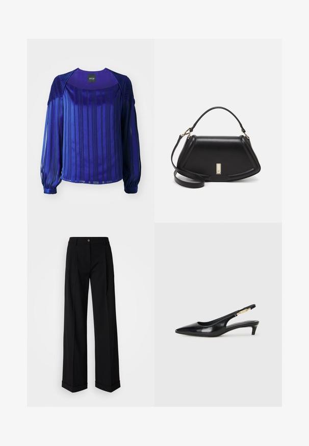 Purple blouse featuring long, sheer sleeves, vertical stripes, and textured shoulder accents. Smooth fabric with a slight sheen.; Black wide-leg trousers with a smooth fabric, featuring a front button closure and two front pleats. Hem is cuffed. Minimalist design.; Black leather slingback heels with a pointed toe, featuring a slim heel and a gold-tone accent on the adjustable strap. Smooth texture.; Black leather handbag with a structured design, featuring a cropped shape, top handle, and gold hardware accent. Adjustable shoulder strap included.