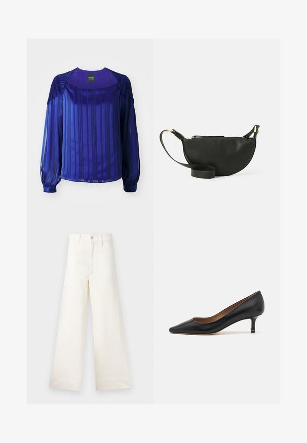 Fioletowa bluzka z długimi, prześwitującymi rękawami, pionowymi paskami i teksturowanymi akcentami na ramionach. Gładki materiał z delikatnym połyskiem.; Szerokie spodnie w jasnym beżowym kolorze wykonane z bawełny. Charakteryzują się wysokim stanem, kieszeniami z przodu oraz prostym krojem. Czyste wykończenie brzegów bez wzorów.; Czarne skórzane czółenka z wąskim noskiem, niskim obcasem typu kitten heel, gładką teksturą oraz subtelnym złotym akcentem u podstawy obcasa.; Czarna skórzana torba na ramię w kształcie półksiężyca, o teksturowanej powierzchni, ze złotym zamkiem błyskawicznym i płaskim paskiem. Kompaktowy design odpowiedni na najważniejsze rzeczy.