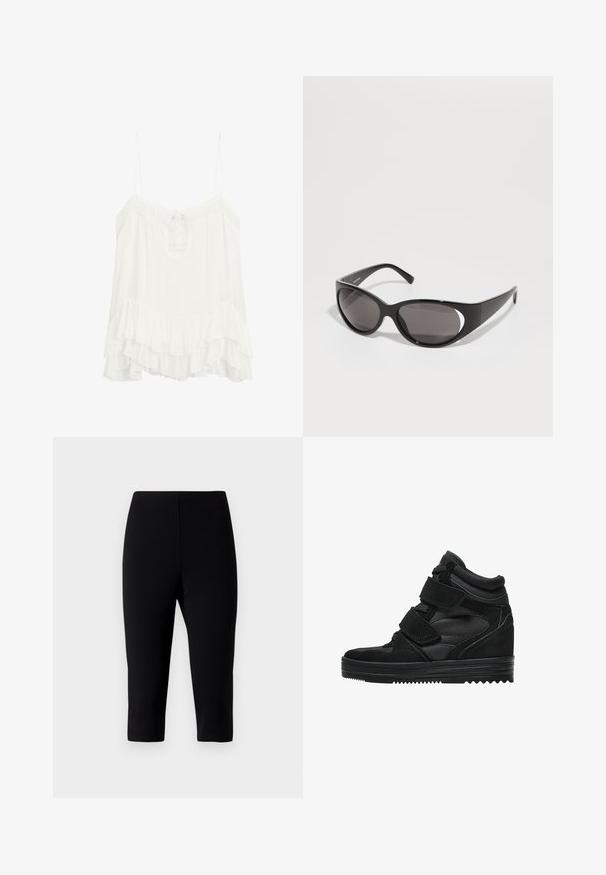 Blusa bianca senza maniche realizzata in tessuto leggero, con scollo a V e un laccio, e un orlo a volant a strati. Spalline regolabili.; Pantaloni capri neri realizzati in tessuto elasticizzato, con un design aderente che termina appena sotto il ginocchio, caratterizzati da una texture liscia e senza cuciture visibili.; Sneaker alte nere in suede e rete, dotate di cinturini in velcro, finitura liscia e suola in gomma testurizzata per una migliore aderenza.; Occhiali da sole neri con lenti ovali e un design elegante. Le montature sono lucide e larghe, con un dettaglio tagliato sui lati.; Borsa a spalla in tessuto marrone con un corpo ampio e arrotondato e una grande maniglia a taglio. Texture morbida, design minimalista e senza hardware visibile.