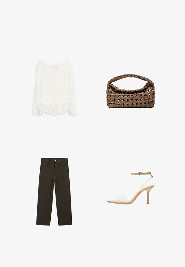 Biała bezrękawnikowa bluzka wykonana z lekkiego materiału, z dekoltem w kształcie litery V i wiązaniem, oraz warstwowym dołem z falbaną. Regulowane ramiączka.; Ciemnozielone spodnie dżinsowe typu wide-leg wykonane z mieszanki bawełny, z zamkiem na guzik z przodu, pięcioma kieszeniami i klasycznym przeszyciem dżinsowym.; Przezroczysta sandał z obcasem, z przezroczystą cholewką, beżową wkładką i smukłym paskiem w okolicy kostki. Posiada spiczasty czubek i cienki wysoki obcas.; Wpleciony brązowy torebka o prostokątnym kształcie, z wyraźnym uchwytem i teksturowaną powierzchnią. Posiada zamknięty górny zamek oraz skomplikowany wzór plecionki.