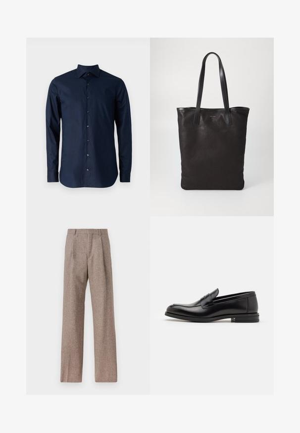 Tamsiai mėlynas medvilninis marškinėliai su ilgomis rankovėmis, su mygtukų užsegimu, smailiu apykakle ir juodais mygtukais priekyje.; Rudos, aukšto liemens kelnes, pagamintas iš tekstūruotos medžiagos. Plati kojos, dvi priekinės klostės struktūrai. Tvarkingas apdailos darbai, be matomų detalių.; Juodos odinės loafers, turinčios lygų paviršių, apvalią noselę ir dekoratyvinę juostą per priekinę dalį. Žemas krentantis kulnas, minimalistinis dizainas.; Juodas drobės pirkinių maišelis su juodais odiniais rankenomis. Paprastas dizainas, erdvus kūnas ir lygus paviršius. Nėra matomų logotipų ar raštų.