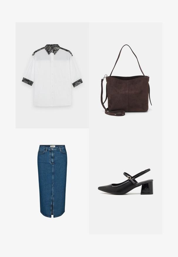 Balta marškiniai su juodu tekstūriniu apykakle ir pečių akcentais, trumpomis rankovėmis ir mygtukų užsegimu, papuoštais dekoratyviniais mygtukais.; Tamsiai mėlyna džinsinė pieštuko sijonas, turintis priekį įpjovą, penkis kišenes ir kontrastingą siuvimą. Vidutinio aukščio liemuo su klasikiniu dizainu.; Juodi patentinio odos slingback aukštakulniai su smailiu pirštu, apvaliu išpjovimu ir blokiniu kulnu. Papuošti auksiniu juostos akcentu.; Ruda suede audinė su minkšta tekstūra, turinti vieną petį ir subtilų kreivinį viršutinį atidarymą. Matomų metalinių detalių nėra.