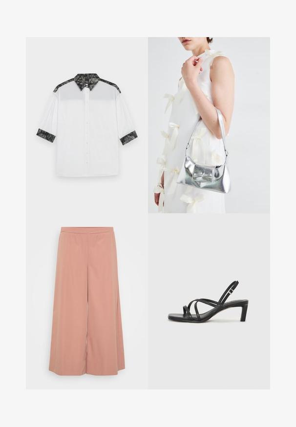 Bijela košulja s crnim teksturiranim ovratnikom i naglascima na ramenima, kratkim rukavima i prednjim dijelom na kopčanje s ukrasnim gumbima.; Ružičaste široke hlače od mekog materijala, s elastičnim pojasom, glatkom teksturom i labavim, lepršavim dizajnom.; Crne sandale s trakama, kvadratnim prstom i niskom blok petom. Ima više tankih trakica i podesivu trakicu oko gležnja. Izrađene su od glatke kože.; Srebrna metalik torbica sa strukturiranim oblikom, s gornjom drškom i detaljem mašne sprijeda. Glatka tekstura, reflektirajući finiš.