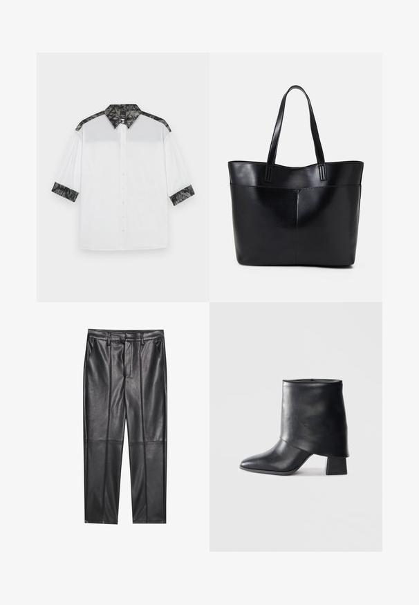 Camicia bianca con colletto e dettagli sulle spalle neri e texturizzati, maniche corte e chiusura anteriore con bottoni decorativi.; Pantaloni in pelle nera con una texture liscia, caratterizzati da un fit dritto, due tasche frontali e dettagli delle cuciture in evidenza.; Stivale in pelle nera alla caviglia con punta affusolata, texture liscia e tacco a blocco strutturato. Presenta un design con risvolto alto.; Borsa a tracolla in pelle nera con due manici lunghi, una texture liscia e una forma strutturata. Presenta una tasca frontale per ulteriore spazio di archiviazione.