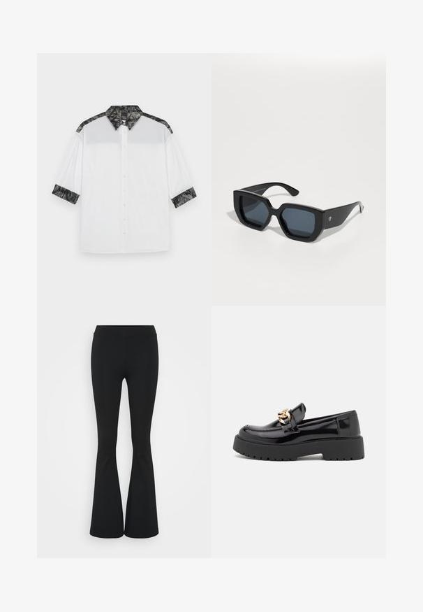 Bílá košile s černým texturovaným límcem a akcenty na ramenou, krátkými rukávy a zapínáním na knoflíky s dekorativními knoflíky.; Černé zvonové kalhoty vyrobené z elastického materiálu, s vysokým pasem a hladkou texturou. Kalhoty se rozšiřují od kolene.; Černé lakované kožené polobotky s masivní černou podešví a zlatými detaily. Hladký povrch a design s zaoblenou špičkou.; Černé oversized sluneční brýle s geometrickým designem, obdélníkovými skly a lesklým povrchem. Na přední straně není viditelné žádné logo.; Stříbrné kovové kruhové náušnice s broušenou texturní úpravou, s kulatým designem a průhledným záznamem pro bezpečné nošení.