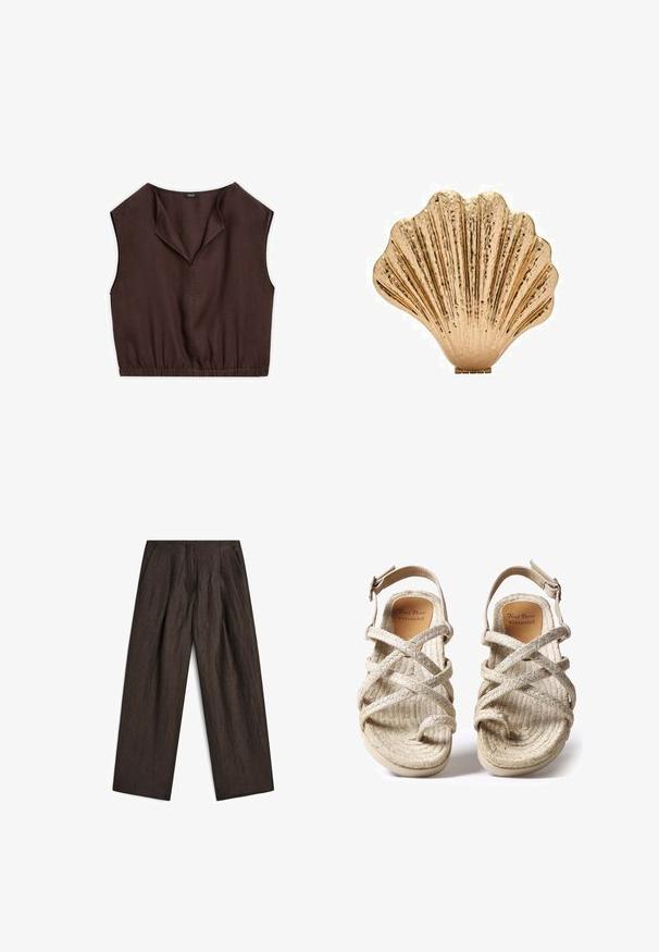 Top marrone senza maniche con colletto pieghettato, vita elastica e texture di tessuto liscia, progettato per un fit corto.; Pantaloni marroni scuri in un tessuto testurizzato, con gamba larga, frontale plissettato e tasche laterali per una silhouette strutturata.; Sandali intrecciati beige con design a cinturino incrociato, realizzati in fibre naturali testurizzate, dotati di suola piatta e cinturino alla caviglia regolabile.; Oggetto decorativo a forma di conchiglia di colore oro, con una superficie texturizzata e un design a strisce, dotato di una base piatta per garantire stabilità.