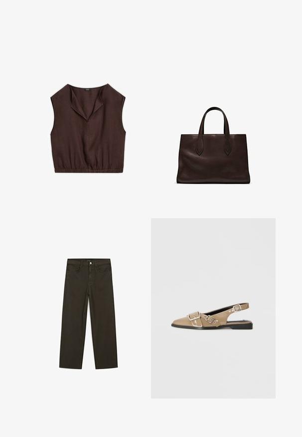 Braun ärmelloses Oberteil mit umgeschlagenem Kragen, elastischem Bund und glatter Stoffstruktur, maßgeschneidert für eine verkürzte Passform.; Dunkelgrüne Jeans im weit geschnittenen Style, hergestellt aus einem Baumwollgemisch. Sie verfügen über einen Frontknopfverschluss, fünf Taschen und klassische Denim-Nähte.; Beige patentierte Slingback-Schuhe mit spitzem Zehenbereich, zwei verstellbaren Schnallen und einem niedrigen schwarzen Absatz. Glatte Textur mit glänzender Oberfläche.; Braune Ledertasche mit zwei langen Griffen, strukturierte rechteckige Form, glatte Textur und dezente Nähdetails.