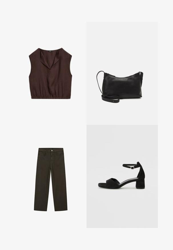 Haut sans manches marron avec un col rabattu, taille élastique et texture de tissu lisse, conçu pour un ajustement court.; Jeans large en denim vert foncé en mélange de coton, avec une fermeture à bouton à l'avant, cinq poches et des coutures classiques en denim.; Sandales à talons en daim noir avec une fine lanière à la cheville, design à bout ouvert et un talon carré modeste. Texture lisse et accents minimalistes.; Sac à épaule en cuir noir avec une texture lisse, une forme courbée, une bandoulière ajustable et une fermeture éclair. Design minimaliste sans embellissements.