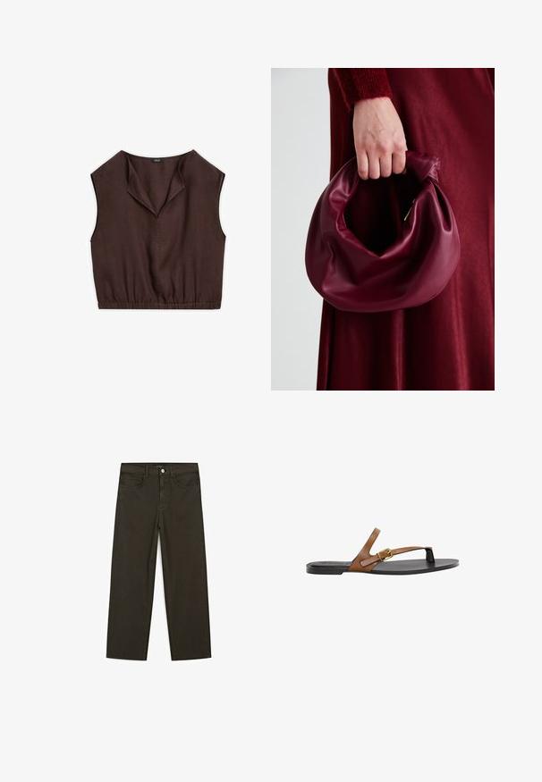 Braun ärmelloses Oberteil mit umgeschlagenem Kragen, elastischem Bund und glatter Stoffstruktur, maßgeschneidert für eine verkürzte Passform.; Dunkelgrüne Jeans im weit geschnittenen Style, hergestellt aus einem Baumwollgemisch. Sie verfügen über einen Frontknopfverschluss, fünf Taschen und klassische Denim-Nähte.; Sandale aus braunem Leder mit einem goldenen Schnallendetail, flacher schwarzer Sohle und minimalistischer Gestaltung, mit einer glatten Textur.; Burgunderleder-Handtasche mit einem weichen, gerafften Design und einer gerundeten Form. Der Griff ist gesichert und zeigt eine glatte Textur.