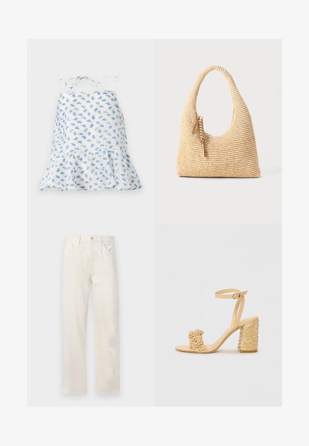 Λευκό αμάνικο φόρεμα με λουλουδάτο σχέδιο σε μπλε και πράσινο χρώμα. Διαθέτει φούντες στο κάτω μέρος και ρυθμιζόμενους ιμάντες. Ελαφρύ ύφασμα, ευαίσθητη υφή.; Εκρού τζιν παντελόνι με ίσια γραμμή, πέντε τσέπες, βρόχους ζώνης και κλείσιμο με κουμπί και φερμουάρ στη μέση.; Μπεζ ψηλή σαγιονάρα με πλεγμένη υφή, με διακοσμητικό λουλούδι και ιμάντα στον αστράγαλο. Τετράγωνη γόβα για αυξημένη σταθερότητα.; Πλεγμένη μπεζ τσάντα χειρός με καμπύλη λαβή, υφής επιφάνεια και καφέ λεπτομέρεια με φούντα. Φέρει στυλ χαλαρής hobo.