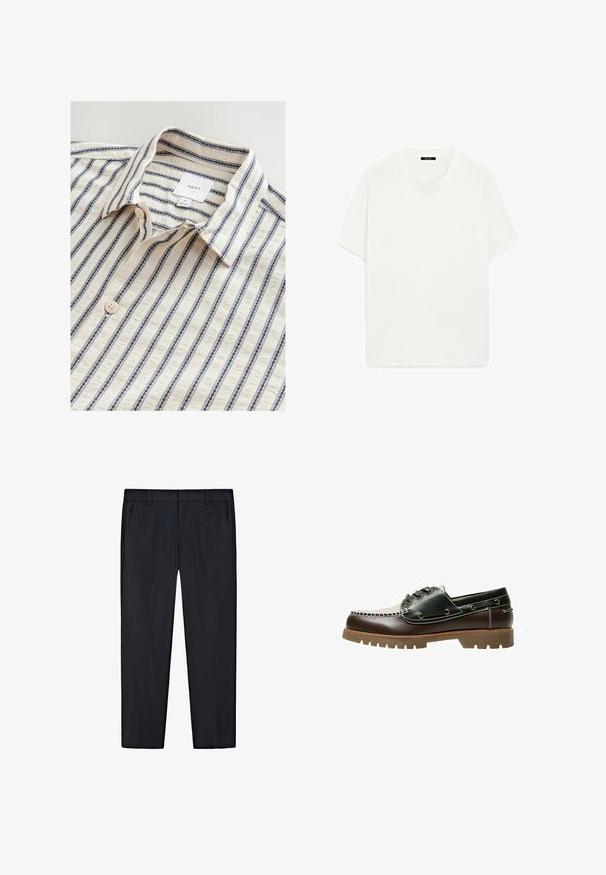 Weißes Hemd mit blauen vertikalen Streifen, ausgestattet mit einem umgeschlagenen Kragen, Knopfverschluss und einem strukturierten Stoff. Markenlabel im Inneren sichtbar.; Weißes T-Shirt mit kurzen Ärmeln, Rundhalsausschnitt, weicher Textur, gerader Schnitt, minimalistisches Design, keine sichtbaren Muster oder Akzente.; Schwarze gerade Hosen mit elastischem Bund, Gürtelschlaufen und Seitentaschen, flach auf weißem Hintergrund präsentiert.; Braune und grüne Lederbootsschuhe mit einem weißen gestickten Design, runden Schnürsenkeln und einer strukturierten Gummisohle. Robuste Bauweise mit Metallösen.