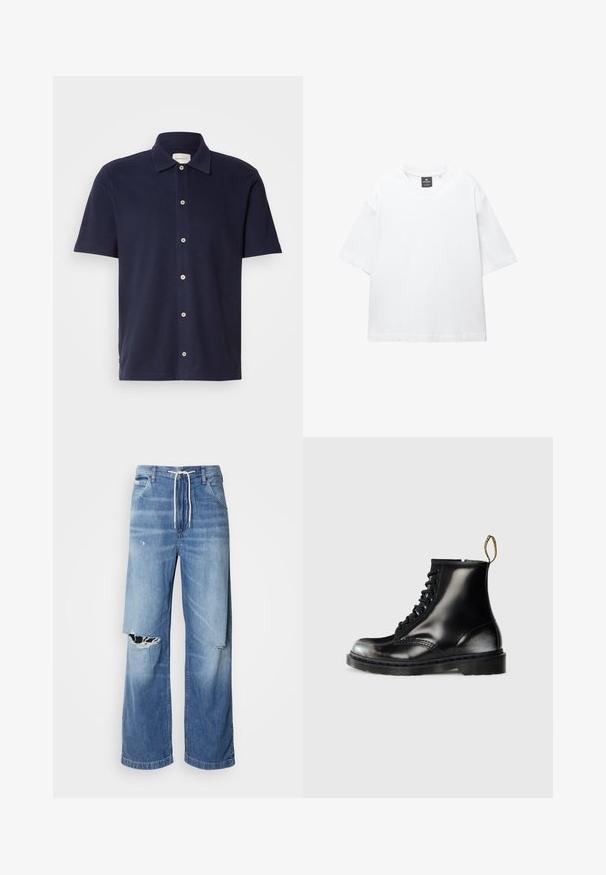 Marineblaues Polo-Shirt mit kurzen Ärmeln und klassischem Kragen, ausgestattet mit einem Knopfverschluss und einem kleinen, gestickten Logo auf der Brust.; Weißes T-Shirt mit kurzen Ärmeln aus Baumwolle, das über einen Rundhalsausschnitt und einen lockeren Schnitt mit geradem Saum verfügt. Keine Muster oder Verzierungen.; Helle blaue Denim-Jeans mit einer lockeren Passform, ausgestattet mit einem weißen Kordelzugbund und markanten Rissen auf der Vorderseite, die ausgefranste Kanten zeigen.; Schwarze Leder-Ankle-Boots mit glanzfinish, acht Ösen, schwarzen Schnürsenkeln und einer Zuglasche. Mit einer strukturierten, profilierten Sohle.