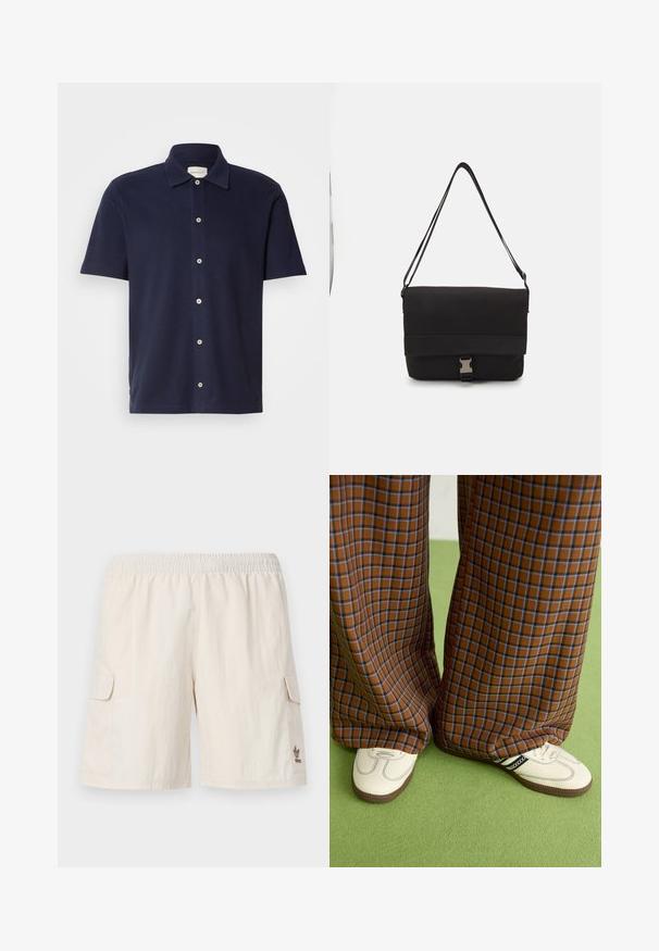 Camisola polo de manga curta azul marinho com colarinho clássico, apresentando um fecho de botão e um pequeno logótipo bordado no peito.; Calções cargo bege com cintura elástica, dois bolsos laterais e um pequeno logótipo no canto inferior direito. Tecido suave e leve.; Calças largas em padrão xadrez castanho e azul, combinadas com sapatos brancos com detalhes pretos e solas texturizadas, contra um fundo verde.; Saco de mensageiro preto feito de material liso, apresentando uma aba dobrável, fechos de hardware prateados e uma alça de ombro ajustável.