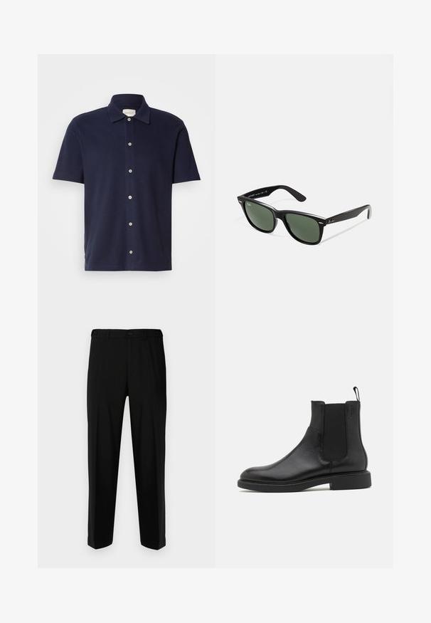 Temno modra kratka polo majica s klasičnim ovratnikom, ki ima gumbno zapiranje in majhen, izvezen logotip na prsih.; Črne hlače iz gladkega materiala, s ravnim krojem, dvema sprednjima žepoma in zadrgo s gumbom.; Črne usnjene gležnjarje z gladko teksturo, elastičnimi stranskimi paneli in zanko za obuvanje. Okrogel prst in raven gumijast podplat z minimalnim profilom.; Črne plastične sončna očala z zelenimi lečami, kvadratni okvirji, srebrni detajl na obrvi in teksturirani ročaji. Blagovna znamka navedena na notranji strani ročaja.