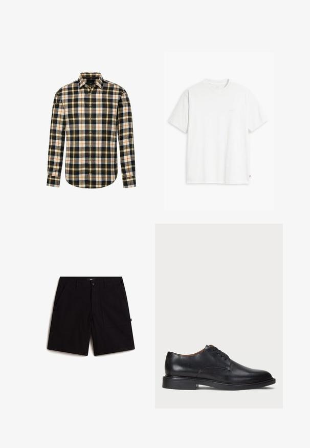 Langærmet skjorte med knaplukning, der har et flerfarvet ternet mønster i sort, hvid, orange og grå, med klassisk krave og buet kant.; Hvid bomulds T-shirt med korte ærmer, rund hals og en diskret Levi's logo trykt i midten. Blød tekstur og standard pasform.; Sorte shorts lavet af bomuld, med en standard talje, to frontlommer og en afslappet pasform. Simpelt design uden synlige mønstre.; Sorte læder dress sko med rund tå, snørelukning og en lav stablet hæl. Glat tekstur med minimale syningsdetaljer.
