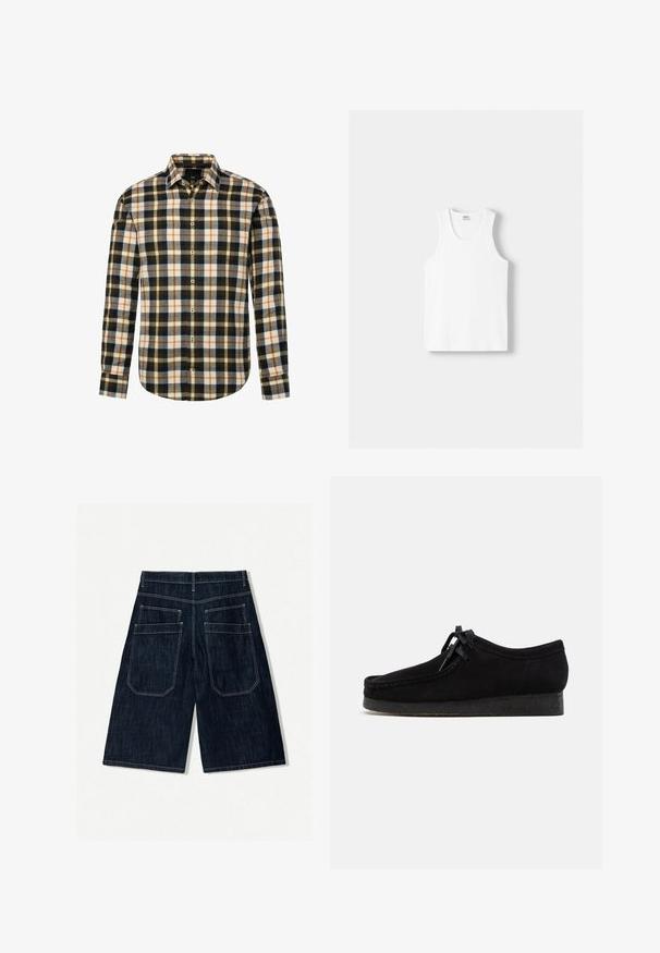 Langærmet skjorte med knaplukning, der har et flerfarvet ternet mønster i sort, hvid, orange og grå, med klassisk krave og buet kant.; Hvid bomulds tanktop med rund halsudskæring, brede skulderstropper og lige kant, der har en glat tekstur og uden synlige mønstre.; Mørkeblå denimshorts med en løs pasform, som har to baglommer, kontrastsyninger og design med lige ben.; Sorte ruskindsko med rund tådesign, snørebånd foran og en struktureret sort gummisål. Glat overflade med diskret syningsdetalje.